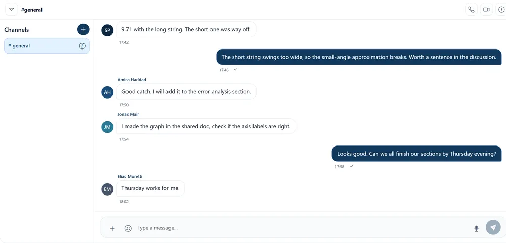 The Physics 4B group chat, where classmates discuss their pendulum lab results.