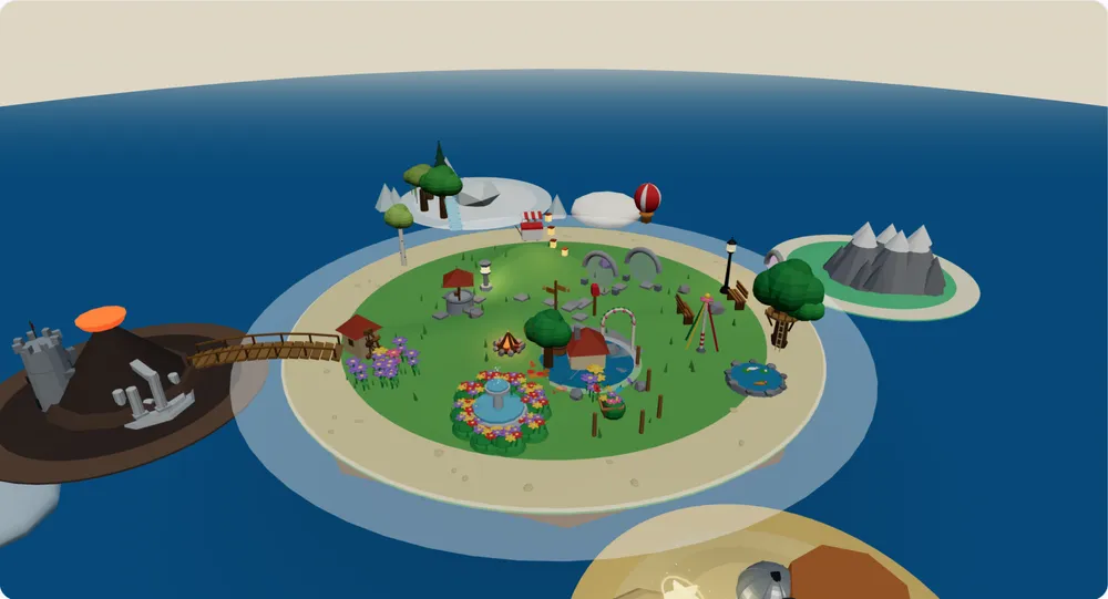 A student's Study Island in 3D, with trees, a fountain, a bridge and small buildings earned by studying.